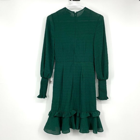 Chelsea 28 Dress Green Smocked Long Sleeve Ruffle Drop Waist Mini - Picture 10 of 12